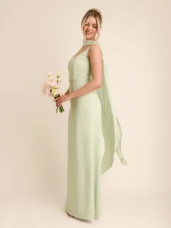 Six Stories Green Square Neck Crepe Bridesmaid Dress with Neck Scarf Outlet