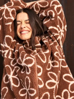 Skinnydip Brown Doodle Flower Borg Jacket in Brown Outlet