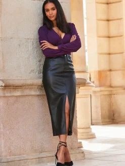 Sosandar Black Leather Long Line Pencil Skirt With Split Hot