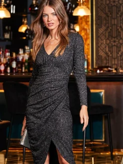 Sosandar Black Metallic V-Neck Ruched Bodycon Dress Sale