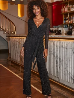 Sosandar Black Sparkle Wrap Jumpsuit Sale