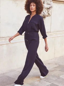 Sosandar Blue Drawstring Waist Jumpsuit Sale