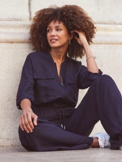 Sosandar Blue Drawstring Waist Jumpsuit Sale