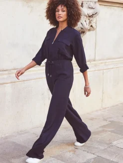 Sosandar Blue Drawstring Waist Jumpsuit Sale