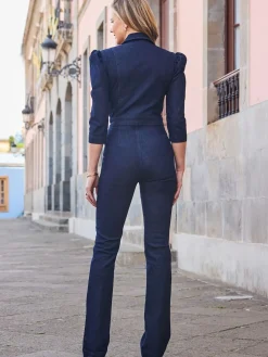 Sosandar Blue Puff Sleeve Kicklare Denim Jumpsuit Sale