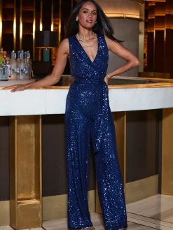 Sosandar Blue Sequin Wrap Front Jumpsuit Outlet