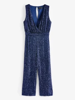 Sosandar Blue Sequin Wrap Front Jumpsuit Outlet