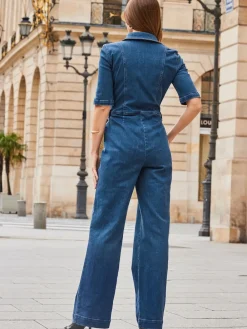 Sosandar Zip Front Wide Leg Jumpsuit Blue New