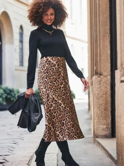 Sosandar Brown Leopard Print Satin Slip Skirt Clearance
