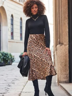 Sosandar Brown Leopard Print Satin Slip Skirt Clearance