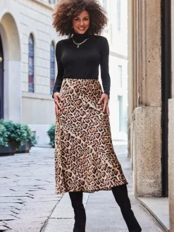 Sosandar Brown Leopard Print Satin Slip Skirt Clearance