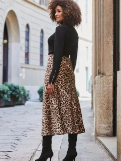 Sosandar Brown Leopard Print Satin Slip Skirt Clearance