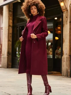 Sosandar Premium Longline Wool Mix Coat Burgundy Red Discount
