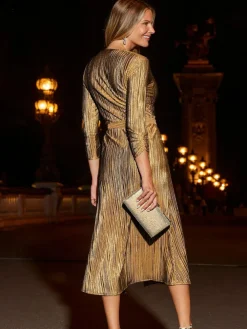 Sosandar Metallic Plisse Wrap Front Fit & Flare Jersey Dress Gold Hot