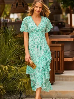 Sosandar Green Petite Abstract Print Layered Hem Angel Sleeve Maxi Dress Sale