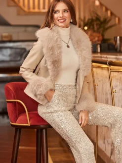 Sosandar Natural Faux Leather Biker Jacket With Faux Fur Trim Outlet