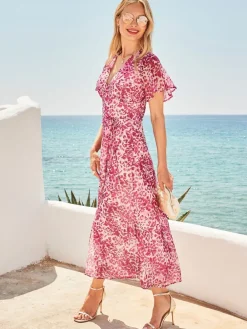 Sosandar Pink Animal Print Tie Waist Midi Dress Outlet