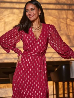 Sosandar Pink Metallic Spot Print Belted Wrap Dress