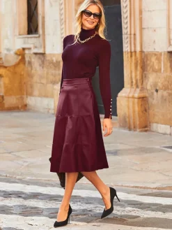Sosandar Red Leather Look Panelled A-Line Midi Skirt Sale