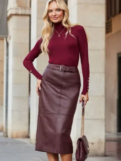 Sosandar Red Leather Panelled Pencil Midi Skirt Clearance
