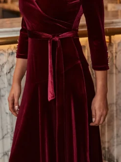Sosandar Red Velvet Belted Fit & Flare Wrap Dress Discount