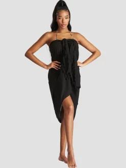 South Beach Black Crinkle Viscose Fringed Sarong Cover-Up