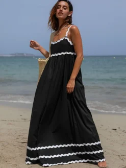 South Beach Black Monochrome Cotton Ric Rac Detail Maxi Dress Online