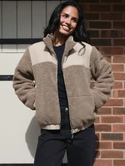 South Beach Borg Zip-Up Padded Jacket Brown Sale