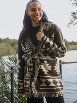South Beach Jacquard Wasit Tie Knitted Fringe Cardigan Brown Outlet
