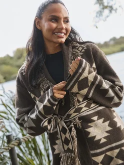 South Beach Jacquard Wasit Tie Knitted Fringe Cardigan Brown Outlet