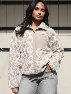 South Beach Print Oversized Borg Zip Jacket With Pocket Cream Sale