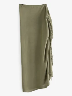 South Beach Khaki Crinkle Viscose Fringed Sarong Cover-Up Sale