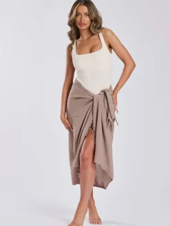 South Beach Taupe Crinkle Viscose Fringed Sarong Cover-Up