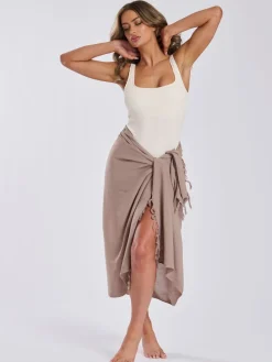 South Beach Taupe Crinkle Viscose Fringed Sarong Cover-Up