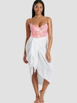 South Beach White Crinkle Viscose Fringed Sarong Cover-Up Hot