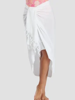 South Beach White Crinkle Viscose Fringed Sarong Cover-Up Hot