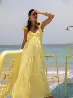 South Beach 100% Cotton Frill Sleeve Tiered Maxi Dress Yellow Discount