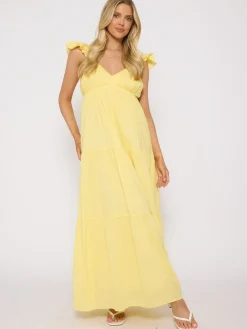 South Beach 100% Cotton Frill Sleeve Tiered Maxi Dress Yellow Discount