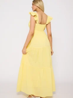 South Beach 100% Cotton Frill Sleeve Tiered Maxi Dress Yellow Discount