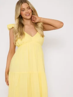 South Beach 100% Cotton Frill Sleeve Tiered Maxi Dress Yellow Discount