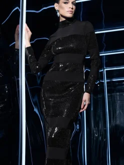 Star by Julien MacDonald Black Sequin Stripe Maxi Dress Hot