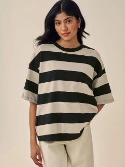 Next Stone Neutral Stripe Oversized Relaxed Fit Boxy Heavyweight Crew Neck T-Shirt Discount