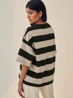 Next Stone Neutral Stripe Oversized Relaxed Fit Boxy Heavyweight Crew Neck T-Shirt Discount