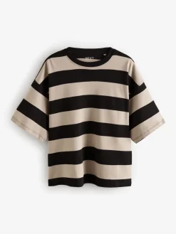Next Stone Neutral Stripe Oversized Relaxed Fit Boxy Heavyweight Crew Neck T-Shirt Discount