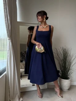 Style Cheat Blue Square Neck Fit and Flare Dress Hot