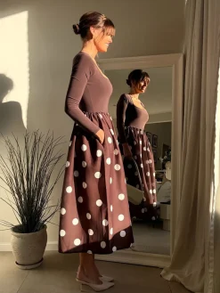 Style Cheat Brown 2In1 Polka Dot Dress