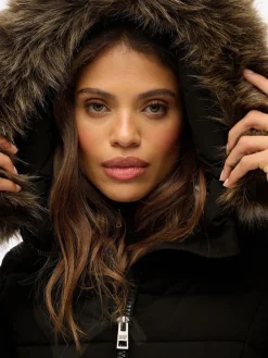 Superdry Black Fuji Faux Hood Mid Length Coat Best