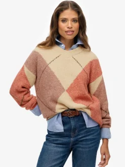 Superdry Cream Oversized Argyle V-Neck Jumper