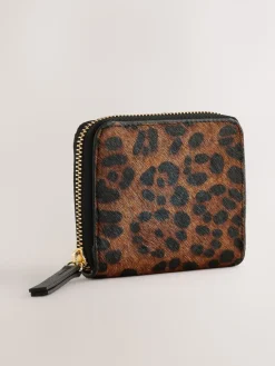 Next Tan Brown Animal Print Leather Hair On Zip Around Purse Best