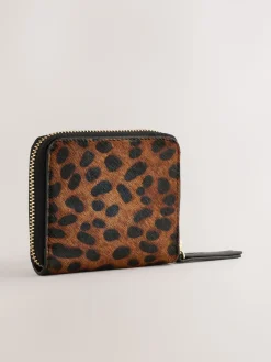 Next Tan Brown Animal Print Leather Hair On Zip Around Purse Best